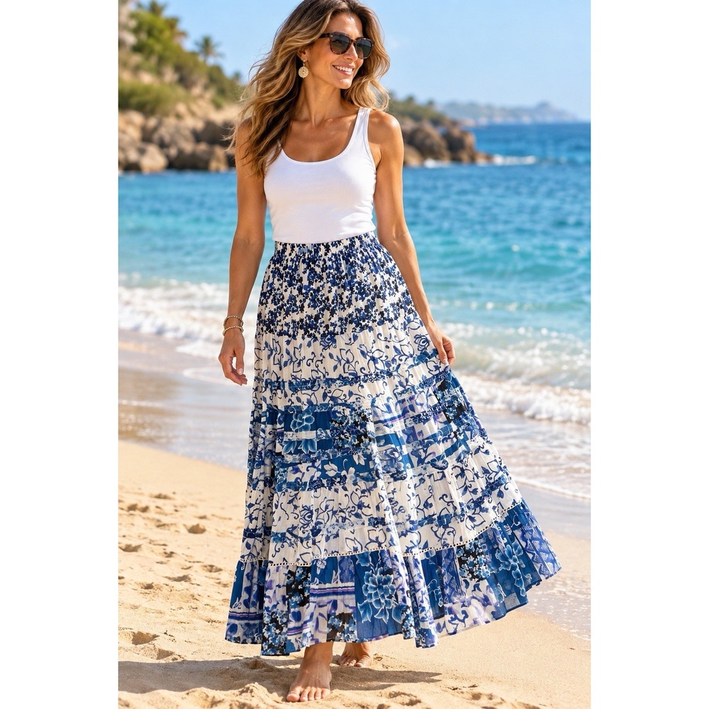 Choices 100% Cotton Tiered Maxi Skirt~XL~Blue & White Floral Peasant Resort Boho